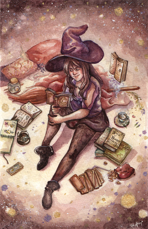 Personal study- self portrait in watercolor. A woman in purple clothes and a witch's hat reads a book while surrounded by everyday magical implements. 