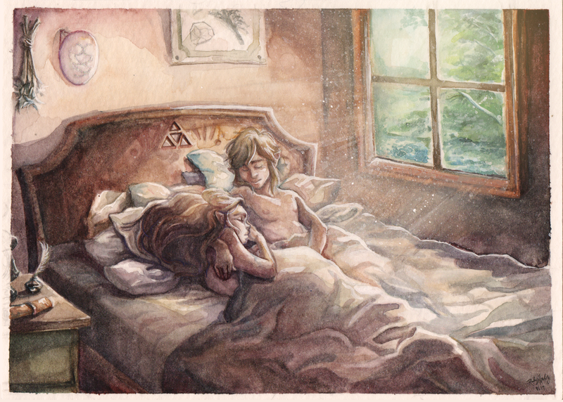 Link and Zelda cuddling while snoozing inside Link's Hateno bedroom as the light streams in through the window.