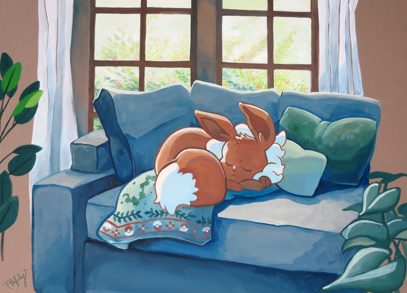 Interior scene of Eevee curled up on a small embroidered blanket.