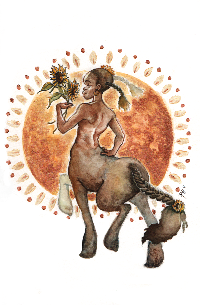 Fantasia's censored character Sunflower. Back view of the centaur holding her namesake flowers.